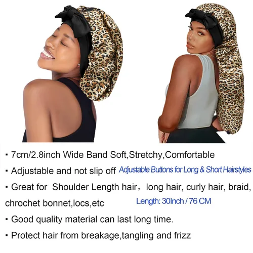 Vista 4 de Isshin Beauty Gorro de satén de seda para el cabello: gorro largo con banda elástica y correas ajustables, tamaño jumbo (leopardo)