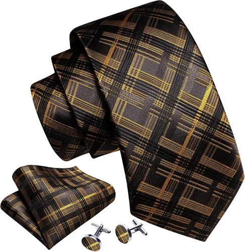 Vista 132 de Barry.Wang Juego de corbatas a cuadros para hombre con pañuelo gemelos de rayas clásicas