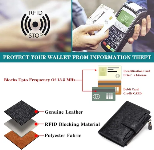 Vista 6 de FALAN MULE - Cartera de cuero auténtico para mujer, pequeña, plegable y compacta, con bloqueo de interferencia de radiofrecuencia (RFID)