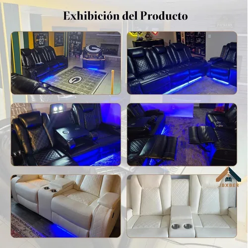 Vista 3 de Juego de sofá reclinable eléctrico para sala de estar, juego de sofá reclinable de cuero con luz LED, soporte para tazas, almacenamiento de consola