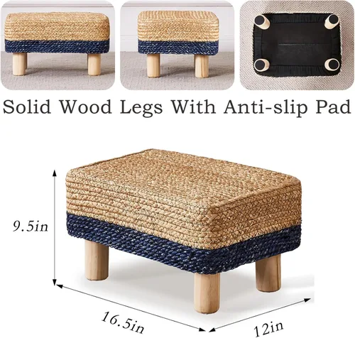 Vista 3 de Cpintltr Taburete otomano rectangular, reposapiés, otomano, reposapiés natural de algas marinas con patas de madera, taburete tejido a mano