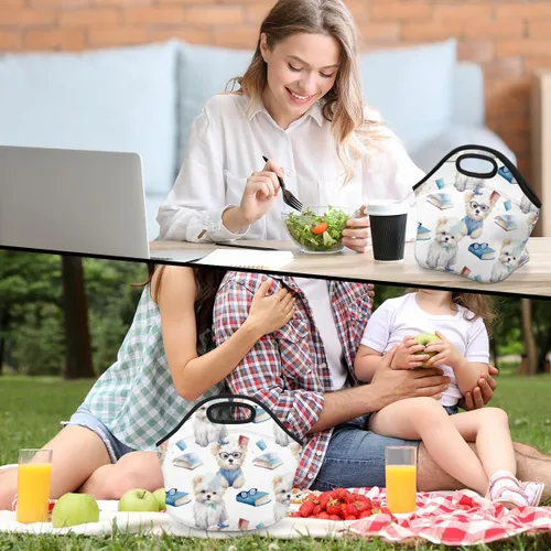 Vista 7 de Book Puppy - Bolsa de almuerzo de neopreno con aislamiento para mujeres y hombres, ideal para almuerzo, aperitivos y bebidas, duradera y fácil