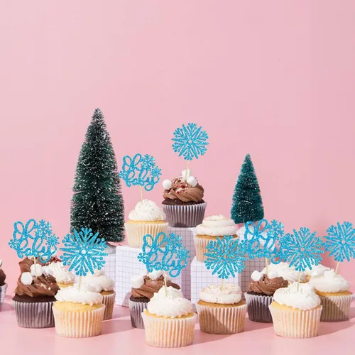 Vista 4 de Gyufise 24 adornos de copos de nieve Oh Baby para cupcakes con purpurina azul, decoración de pastel de baby shower congelado para baby shower