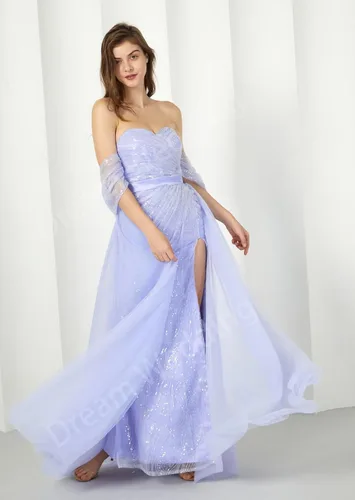 Vista 5 de Vestidos de fiesta de lentejuelas con purpurina 2024 con abertura de sirena de tul de noche brillante elástico vestido formal con cola