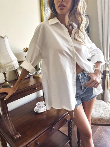Vista 3 de MakeMeChic Blusa de manga larga con botones y hombros caídos para mujer