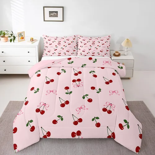 Vista 7 de Feelyou Juego de ropa de cama con lazos bonitos y cerezos, tamaño individual, para niños, juego de edredón con lazos de acuarela para niños, niñas