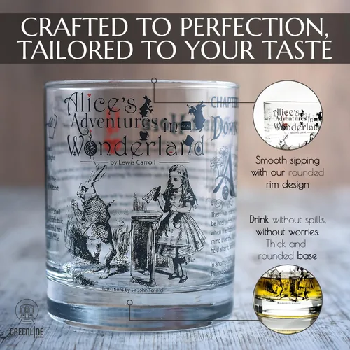 Vista 4 de Greenline Goods Vasos de whisky - Alicia en el país de las maravillas (juego de 2) Literatura Rocas Vidrio con Lewis Carroll Libro Imágenes &