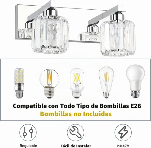 Vista 7 de Aipsun Accesorios de iluminación de tocador de baño, luces de tocador de cristal para baño, 2 luces, accesorios de iluminación de pared de acero