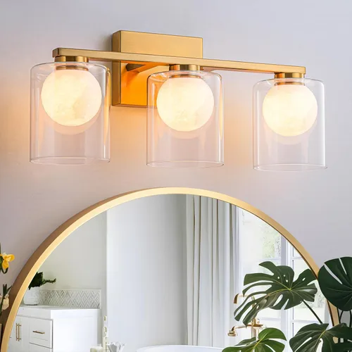 Vista 10 de WILON Lámpara de tocador de baño, 3 luces de tocador modernas de color negro claro con apliques de pared de vidrio transparente con vidrio