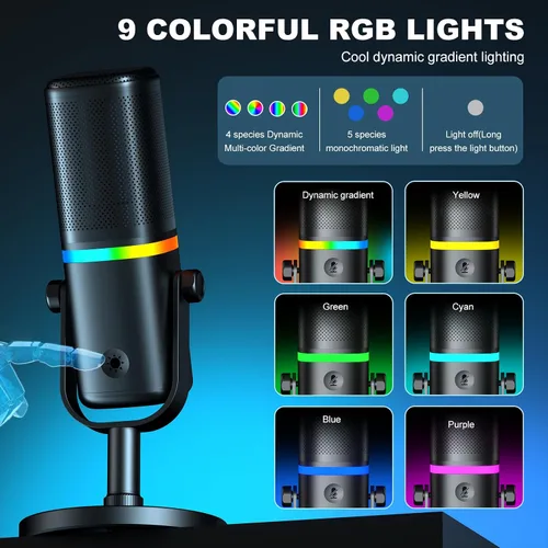 Vista 3 de Aokeo Micrófono para PC, AK-10 USB/XLR Micrófono de escritorio dinámico para juegos, podcast, transmisión con luz RGB, control de volumen, botón