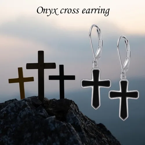 Vista 6 de Aretes de cruz de plata de ley 925 con cruz colgantes, regalos para mujer