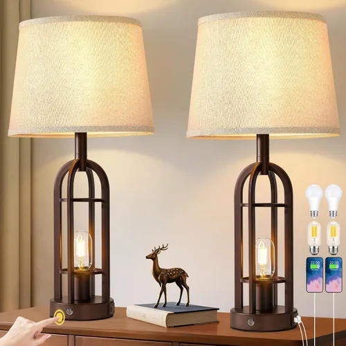 Vista 7 de SRJJA Juego de 2 lámparas de mesa negras para sala de estar, lámparas de granja para mesitas de noche con USB A+C, lámparas de noche
