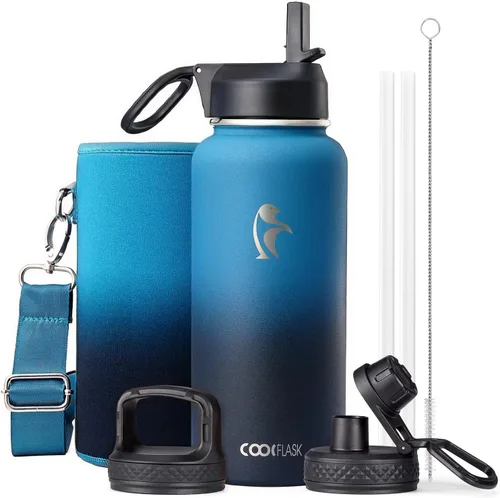 Vista 20 de Coolflask Botella de agua de 20 onzas aislada con pajilla, 3 tapas de metal de acero inoxidable, botella de agua de boca ancha para deportes u