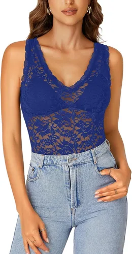 Vista 7 de Rooscier - Blusa sin mangas para mujer, con encaje floral, cuello en V, con volantes, transparente, sin sujetador