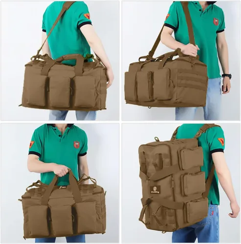 Vista 6 de 3 en 1 bolsa de lona militar 50L bolsa de gimnasio para hombres convertible mochila de fin de semana para deportes viajes baloncesto, 115L-Caqui