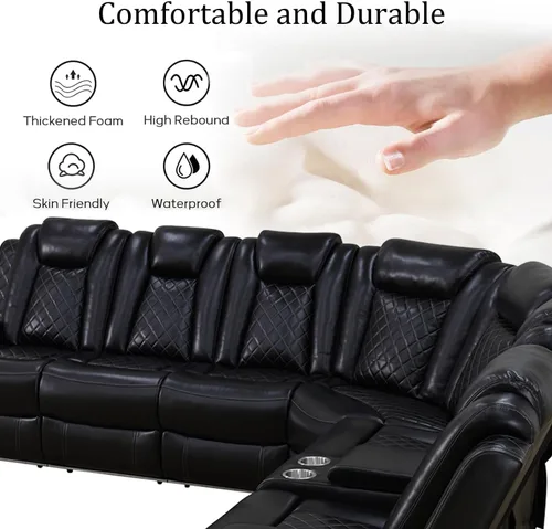 Vista 5 de Sofá Seccional Reclinable Eléctrico, Sofá Modular Seccional Reclinable de Cuero Negro, Sofá de Cuero en Forma de L con Luces LED/Cargador