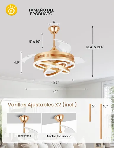 Vista 8 de Ventiladores de techo retráctiles de 42 pulgadas con luces ventilador de Dorado