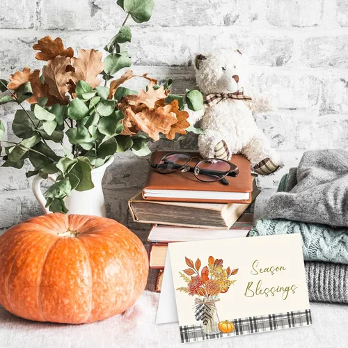 Vista 7 de AnyDesign Paquete de 36 tarjetas de felicitación de Acción de Gracias, tarjetas de felicitación de otoño a cuadros en blanco y negro con sobre