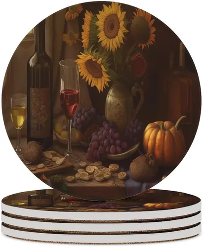 Vista 32 de 4 posavasos de vino tinto, cuadrados y modernos posavasos absorbentes de cerámica, estilo de pintura al óleo, vintage, vino tinto, uvas, rosa
