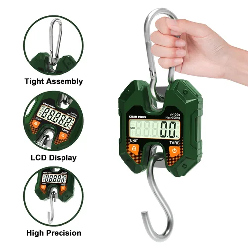 Vista 2 de GRAM PRES Báscula colgante digital de 660 libras/661.4 lbs, mini balanza de mano para caza de ciervos, báscula digital de equipaje con ganchos