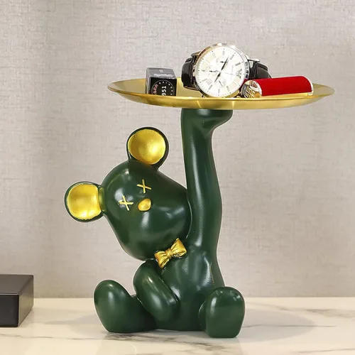 Vista 3 de Escultura de oso de dibujos animados de resina con bandeja de metal, bandeja de almacenamiento de figuras de animales, bandeja de almacenamiento