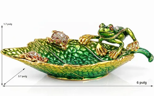 Vista 6 de Plato de soporte de anillo de hoja esmaltada, bandeja de exhibición de anillo con rana y tortugas Green_4