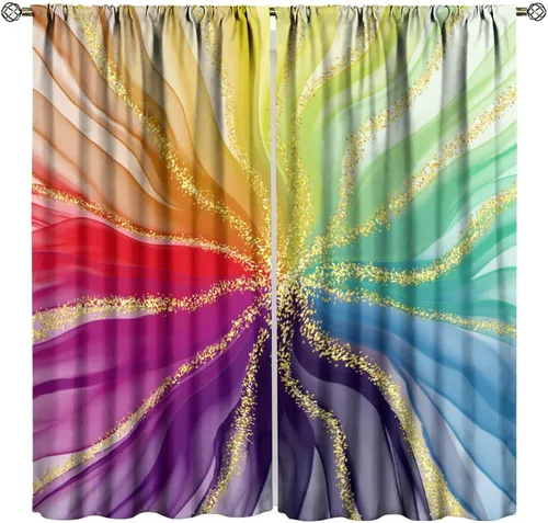 Vista 27 de Cortinas opacas abstractas de arco iris, pintura de color arcoíris con gotas, diseño gráfico creativo con bolsillo para barra, para sala de estar