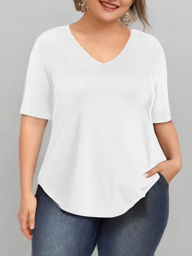 Vista 4 de Amoretu Blusa casual de manga corta con cuello en V para mujer, talla grande