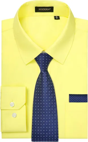 Vista 70 de HISDERN Mens Dress Shirt with Tie Pocket Square Set Classic Button Down Shirt Matching Tie Long Sleeve Shirts 08-verde