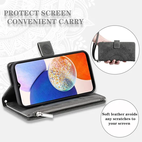 Vista 3 de Asuwish Funda para teléfono Samsung Galaxy A14/M14 5G con protector de pantalla de vidrio templado y correa para la muñeca Mandala Flower Flip Gris