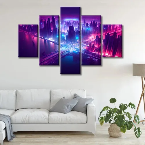 Vista 116 de Cuadros de 5 paneles de Cyberpunk City, arte de pared, representación de vallas publicitarias, edificios modernos en la capital con obras de arte