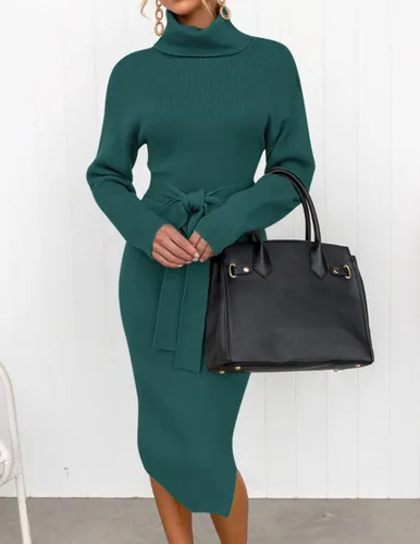 Vista 40 de ZESICA - Vestido por debajo de la rodilla de suéter, de cuello alto, para mujer, de manga larga, de punto acanalado, con abertura y cinturón