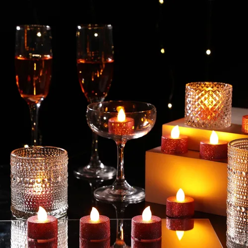 Vista 5 de Retisee 48 velas LED sin llama, con purpurina, velas falsas eléctricas para centros de mesa, funciona con pilas, decoración romántica de invierno