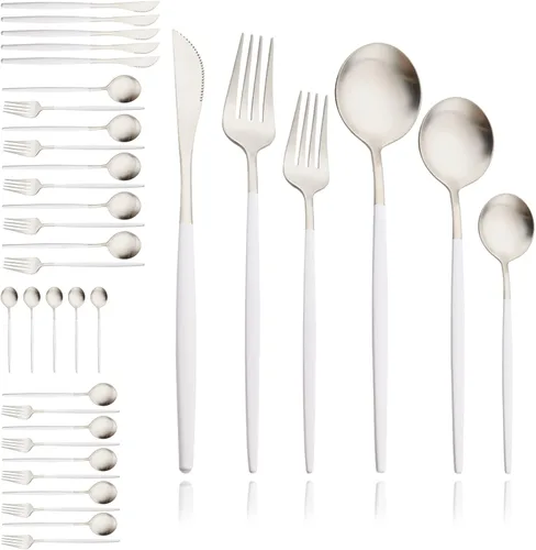 Vista 21 de JASHII Juego de cubiertos mate de 36 piezas con mango plano acabado satinado negro acero inoxidable cubiertos servicio para 6 para cocina casera