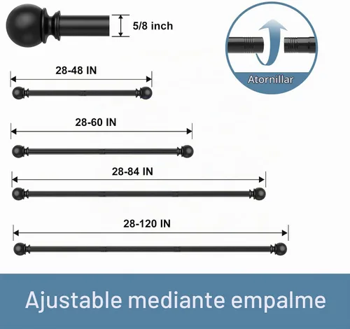 Vista 5 de Barras de cortina negras para ventanas de 28 a 48 pulgadas, barra de cortina de acero inoxidable ajustable de 5/8 de pulgada de diámetro de alta