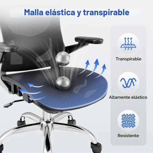 Vista 6 de marrap Silla de oficina ergonómica, silla de escritorio de malla con reposabrazos 3D, soporte lumbar ajustable y reposacabezas, función mecedora