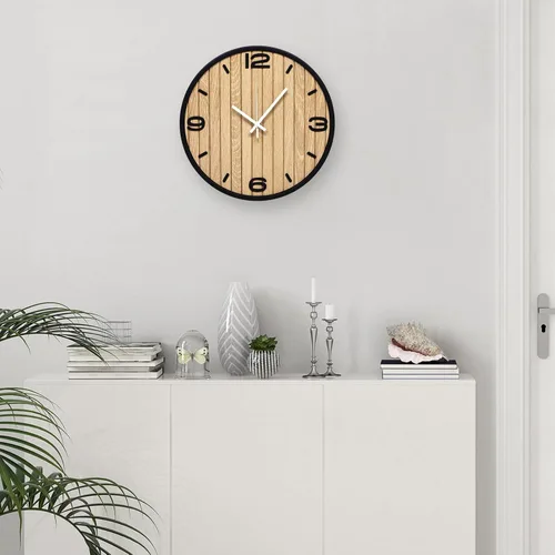 Vista 6 de Reloj de pared redondo de 12 pulgadas, funciona con pilas, de madera, analógico, sin tictac, de cuarzo, para apartamento, sala de estar, dormitorio