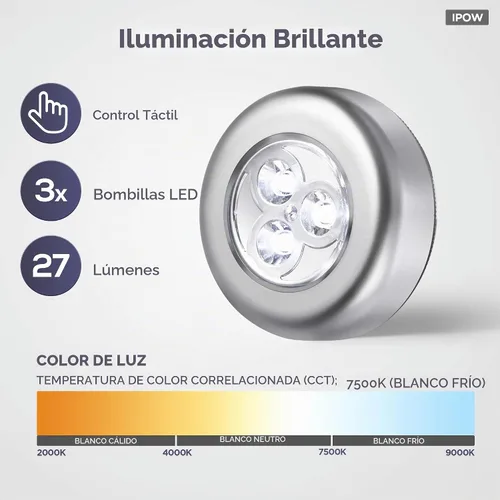 Vista 3 de IPOW Paquete de 5 luces LED inalámbricas de noche con pilas, lámpara táctil adhesiva para armarios, encimeras o cuartos de servicio, luz táctil
