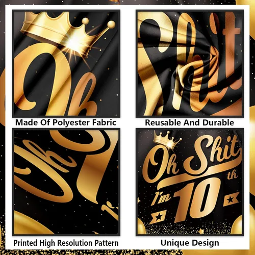 Vista 3 de Oh S*hit I'm 10th Banner telón de fondo negro dorado globos corona confeti Hallo Quince Cheers to 10 años decoración temática decoración para hombre