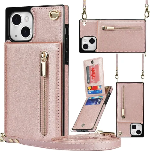 Vista 11 de Funda compatible con iPhone 13 de 6.1 pulgadas, a prueba de golpes, bolsillo con cremallera, correa de hombro, elegante funda protectora para iPhone
