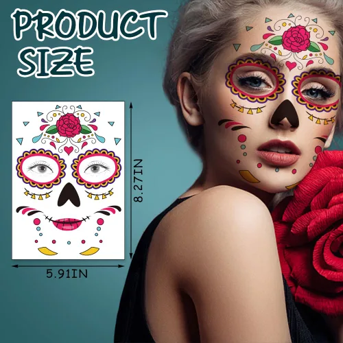 Vista 2 de 9 hojas de tatuajes temporales para el Día de los Muertos Día de los Muertos, tatuaje temporal de La Catrina, tatuaje falso de calavera para mujeres