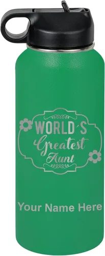Vista 27 de LaserGram Botella de agua con tapa abatible de doble pared de 12 onzas con pajilla, la tía más grande del mundo, grabado personalizado incluido Negro