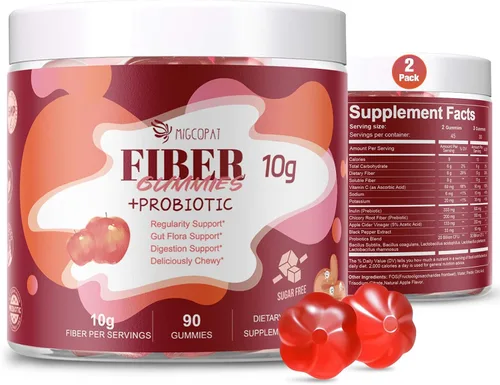 Vista 10 de Gominolas de fibra Migcopat con probióticos, 10 g de fibra por porción, sin azúcar añadida sabor a manzana, con mezcla de 10 mil millones de UFC
