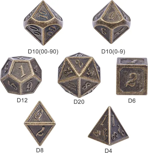 Vista 4 de DNDND - Dados de diseño antiguo, 7 dados de metal de latón con caja de metal para juegos de mesa como Dungeons and Dragons