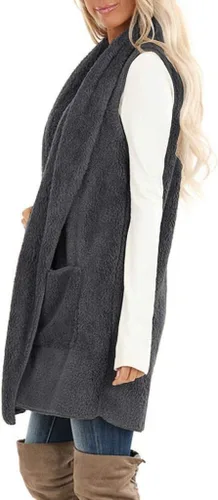 Vista 3 de ReachMe Chaleco de sherpa sin mangas para mujer con bolsillos con solapa frontal abierto de forro polar, suéter mullido