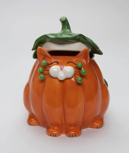 Vista 3 de Cosmos Gifts Caja de caramelos con diseño de gato y calabaza de cerámica fina, 14.9 cm H