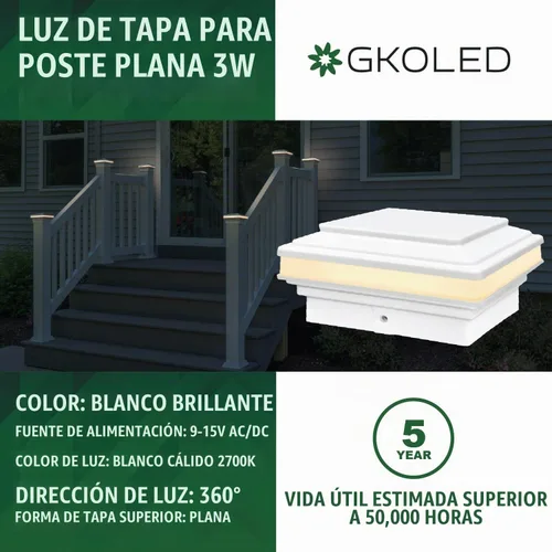 Vista 2 de GKOLED Luz de poste de tapa plana, 9-15V AC/DC 3W IP65 impermeable para exteriores, iluminación de cubierta LED de 2700K para postes de 3.5x3.5 4x4