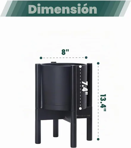 Vista 3 de Maceta de D'vine Dev con soporte - Maceta de flores de cilindro de plástico de 8.0 pulgadas con soporte de madera para interiores, maceta mate negra