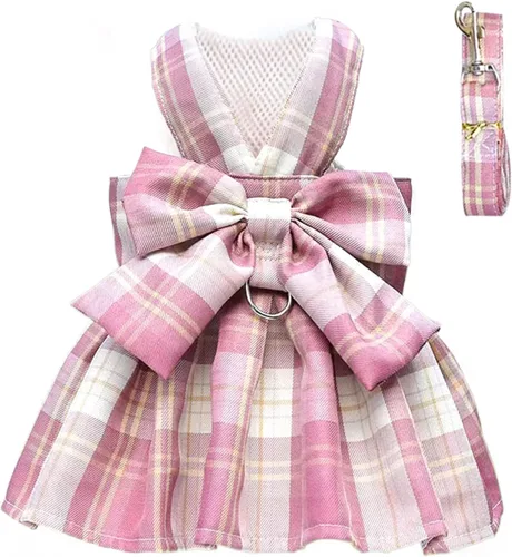 Vista 10 de PETCARE Vestido de Perro a Cuadros con Corbata de Moño y Arnés Set de Correa para Perros Pequeños, Gatos, Niñas, Lindos Vestidos de Princesa