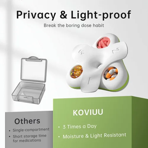 Vista 2 de KOVIUU Pastillero diario organizador 3 veces al día, pastillero pequeño de viaje, 3 compartimentos, contenedor compacto para píldoras, pastillero